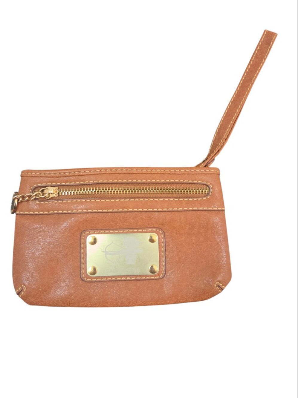 Melie Bianco Sagittarius Zodiac Brown Vegan Leather Wristlet Clutch Gold Plaque